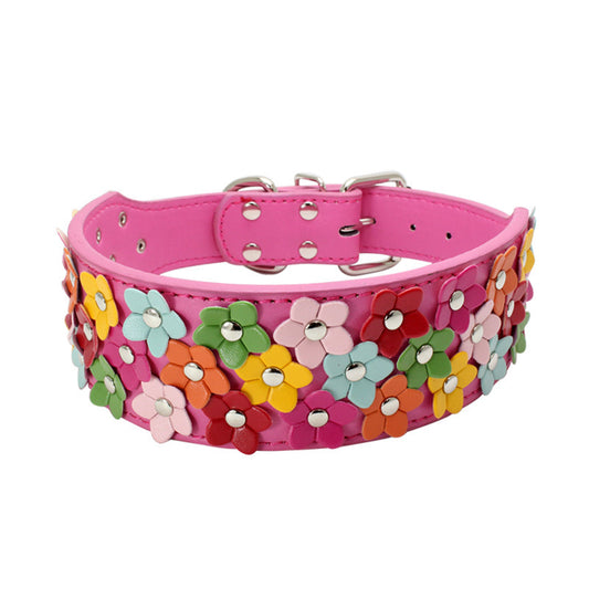 Pet Three Rows Of Flowers Large Dog Collar