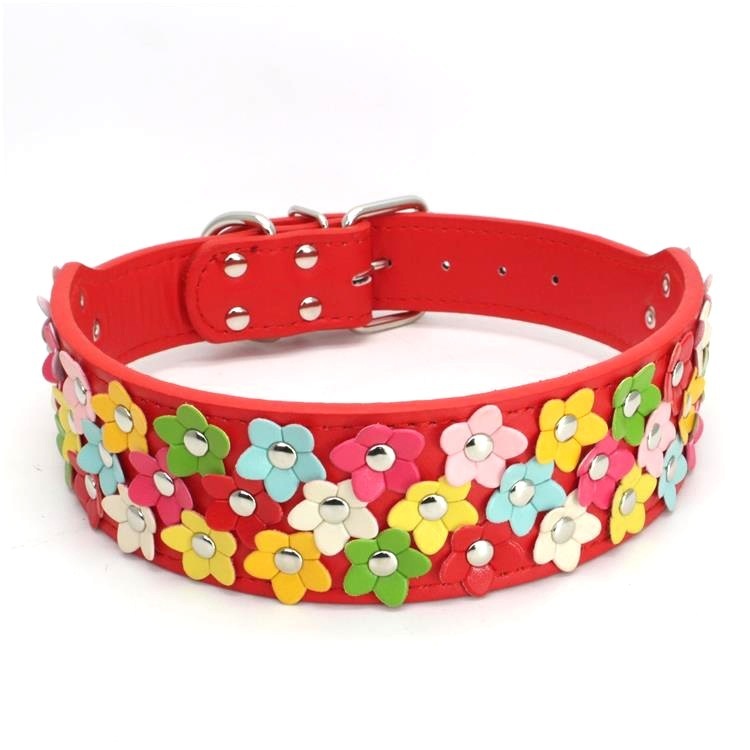 Pet Three Rows Of Flowers Large Dog Collar