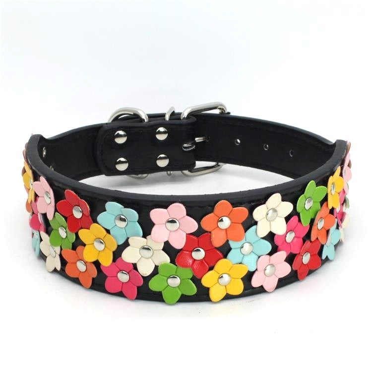 Pet Three Rows Of Flowers Large Dog Collar