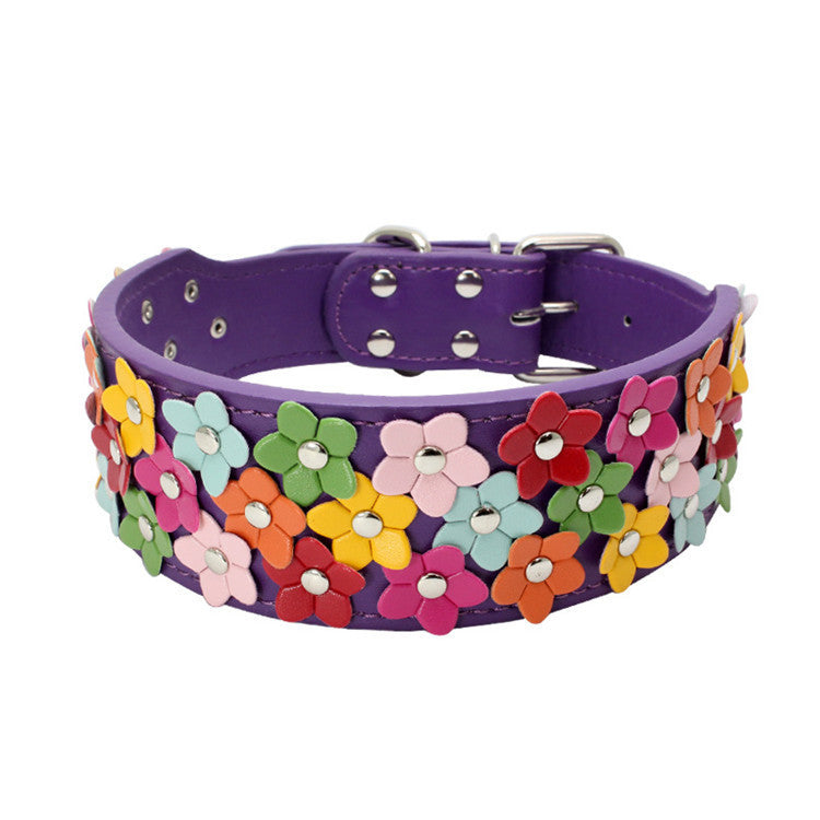 Pet Three Rows Of Flowers Large Dog Collar