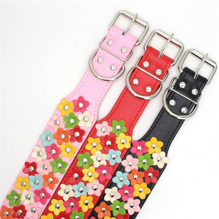 Pet Three Rows Of Flowers Large Dog Collar